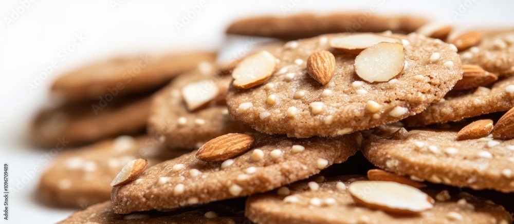 Close up of traditional Christmas cookies featuring honey and almond toppings on a white background perfect for festive culinary themes