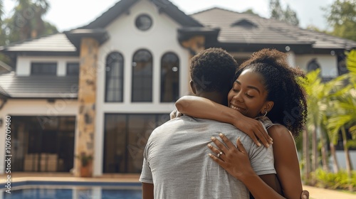 Young African American Couple Hugging and Looking at New Modern House from Behind, Excited to Buy Dream Home Together, Mortgage and Home Loan Real Estate Concept