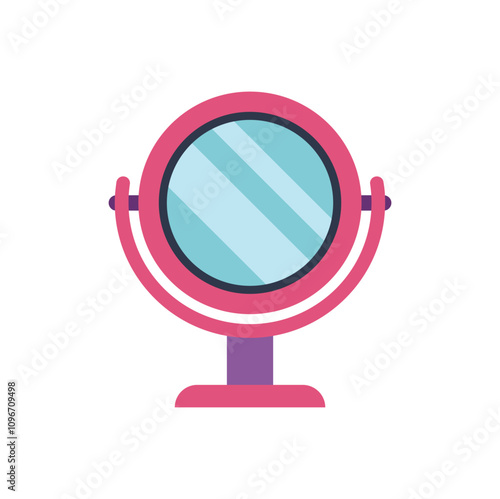 Round pink makeup mirror standing on table surface reflecting light, beauty and care accessory