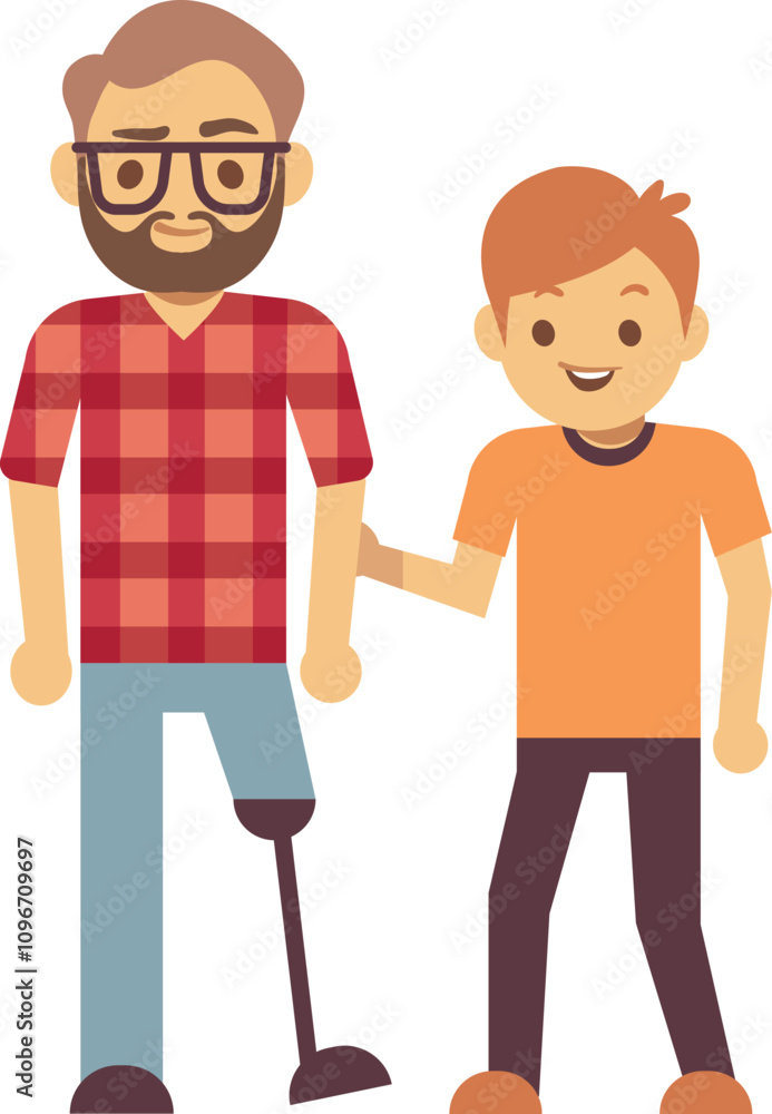 Boy help man with prosthetic leg. Disabled person care Boy help man with prosthetic leg. Disabled person care