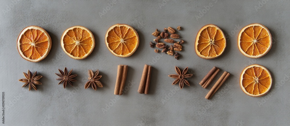 Christmas flat lay with dried oranges, cinnamon sticks, anise, and nuts on gray concrete backdrop for festive seasonal decor and cooking. Christmas flat lay with dried oranges, cinnamon sticks, anise, and nuts on gray concrete backdrop for festive seasonal decor and cooking.