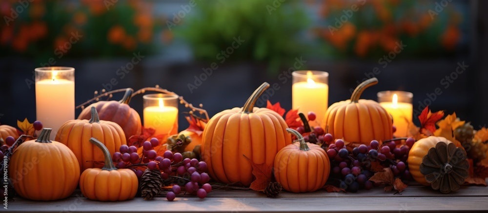 Fototapeta premium Autumn decor with pumpkin candles and berries on a rustic wooden table in an outdoor setting creating a seasonal ambiance