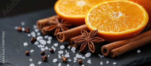 Fototapeta Naklejka Na Ścianę i Meble -  Mulled wine ingredients including orange slices cinnamon sticks star anise and sugar on a black stone background detailed close up shot