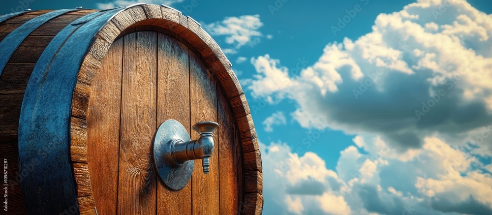 Fototapeta premium Oak wine cask with metal tap under a blue cloudy sky viewed from a low angle showcasing rustic charm and craftsmanship
