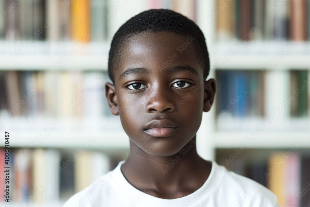 A young boy standing in front of a bookshelf with books and possibly thinking about what to read A young boy standing in front of a bookshelf with books and possibly thinking about what to read