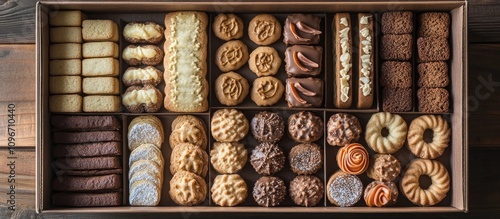 Assorted gingerbread cookies beautifully arranged in a box on rustic wooden background for festive celebrations and holiday treats photo