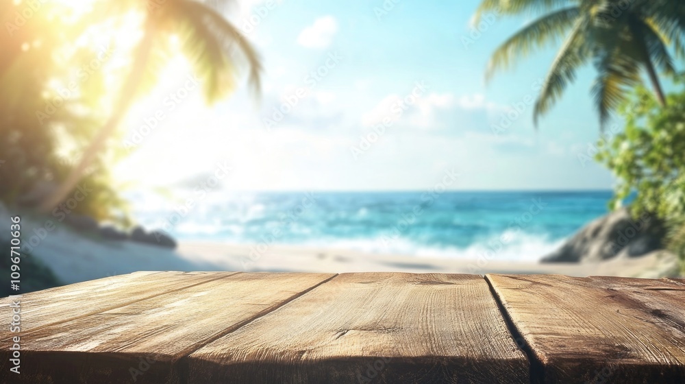 Fototapeta premium Wooden tabletop against a blurred tropical beach ideal for product showcasing with vibrant natural scenery and soft sunlight ambiance.