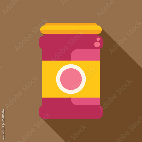 Closed jar of strawberry jam with yellow label and lid, isolated on brown background