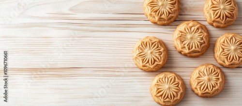 Chinese almond cookies arranged on light wood surface showcasing decorative patterns and texture from a top-down perspective.