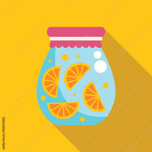 Preserving sliced oranges in a glass jar with a pink lid, ideal for homemade marmalade or other citrus fruit preserves