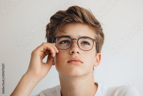 A young boy wearing glasses and a white shirt, suitable for illustrations of innocence, childhood, or everyday life