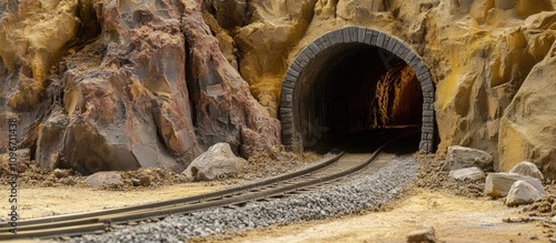 Scenic view of a handcrafted antique tunnel road surrounded by rocky terrain and railroad tracks leading into the darkness of the tunnel photo