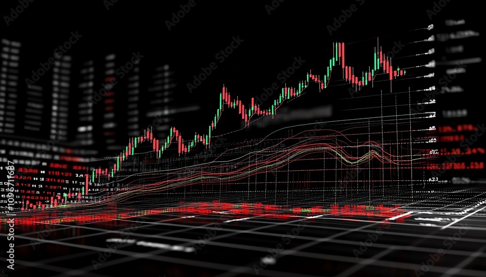Forex market chart with realtime trading data, global currency trends on a digital backdrop, 3D rendering, financial analysis theme