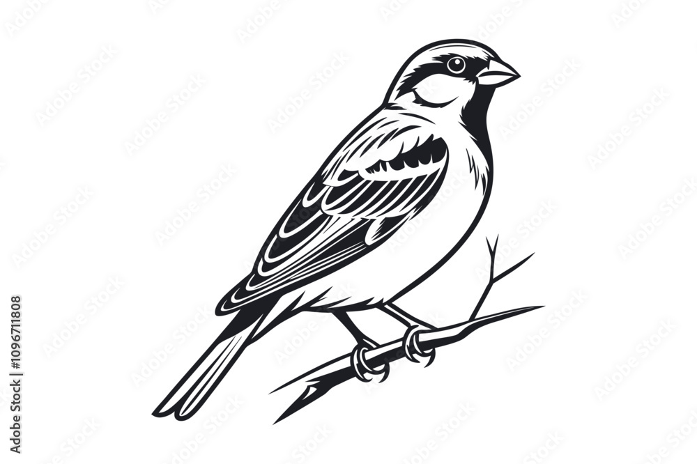 Fototapeta premium Detailed of sparrow bird black and white silhouette vector illustration