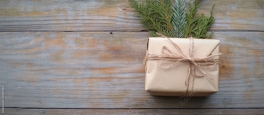 Christmas gift wrapped in brown paper adorned with fir branches on a rustic wooden surface ideal for seasonal celebrations and festive occasions Christmas gift wrapped in brown paper adorned with fir branches on a rustic wooden surface ideal for seasonal celebrations and festive occasions
