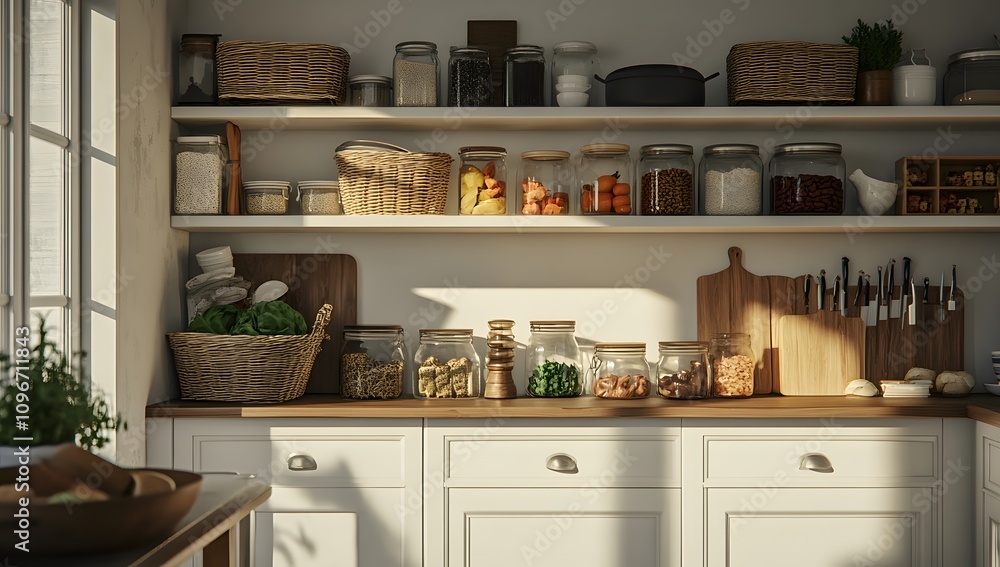 Beautiful kitchen interior with white cabinets, shelves, and woven baskets in the home of luxury. Shelves filled with food items and jars for neatly organized food storage Beautiful kitchen interior with white cabinets, shelves, and woven baskets in the home of luxury. Shelves filled with food items and jars for neatly organized food storage