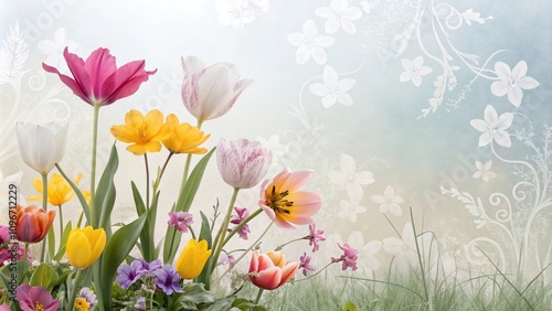 Vibrant spring flowers against a subtle gradient background with delicate floral patterns and gentle watercolor effects, foliage, blooming, abstract, floral, colorful