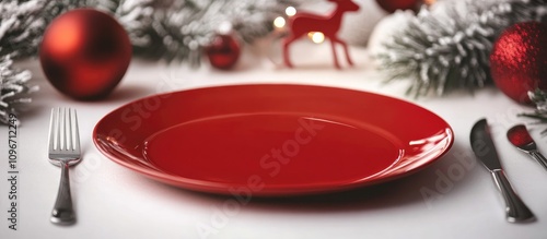 Festive Christmas table setting with a red plate cutlery and holiday decorations creating a warm and inviting holiday atmosphere photo