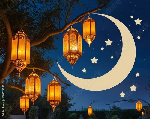 Arabic traditional Ramadan Kareem eastern lanterns garland. Muslim ornamental hanging golden lanterns, stars and moon vector illustration set. Islamic oriental style garland photo