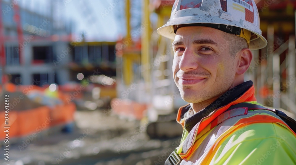 A construction worker wearing a hard hat and vest stands in front of a building under construction A construction worker wearing a hard hat and vest stands in front of a building under construction