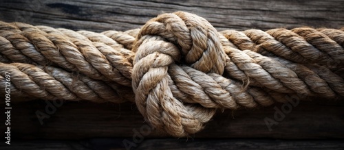 Detailed close-up of a tightly fastened knot in a natural rope against a rustic wooden background showcasing texture and craftsmanship