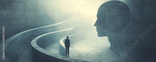 Man walking through a mazelike corridor shaped like a human head, symbolizing the search for answers and deep thinking, abstract concept photo