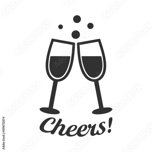 Clinking Wine Glasses Vector with Cheers Text in Silhouette Style. photo