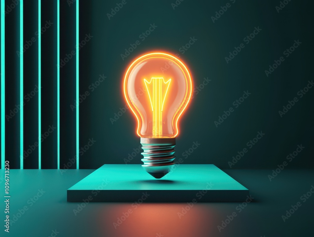 A glowing light bulb on a modern pedestal, surrounded by geometric shapes, showcasing a vibrant and contemporary design aesthetic. A glowing light bulb on a modern pedestal, surrounded by geometric shapes, showcasing a vibrant and contemporary design aesthetic.