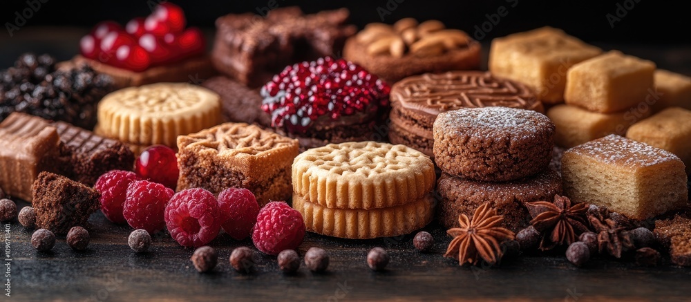 Fototapeta premium A colorful assortment of seasonal biscuits and sweets elegantly arranged on a dark wooden table with fresh berries and spices