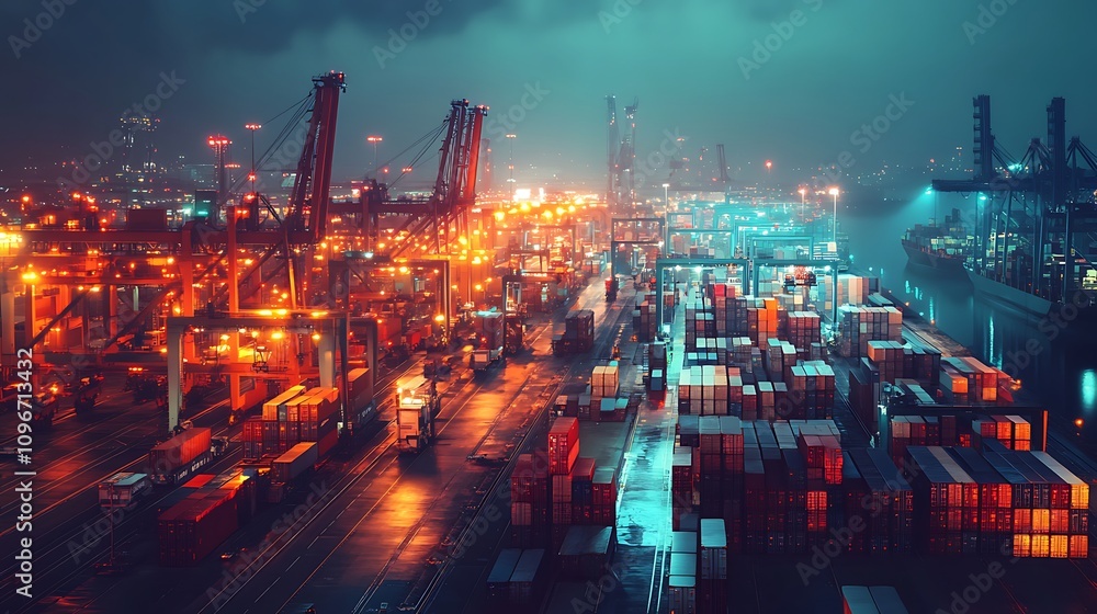 Fototapeta premium A vibrant, illuminated cargo port at night, showcasing shipping containers and cranes.