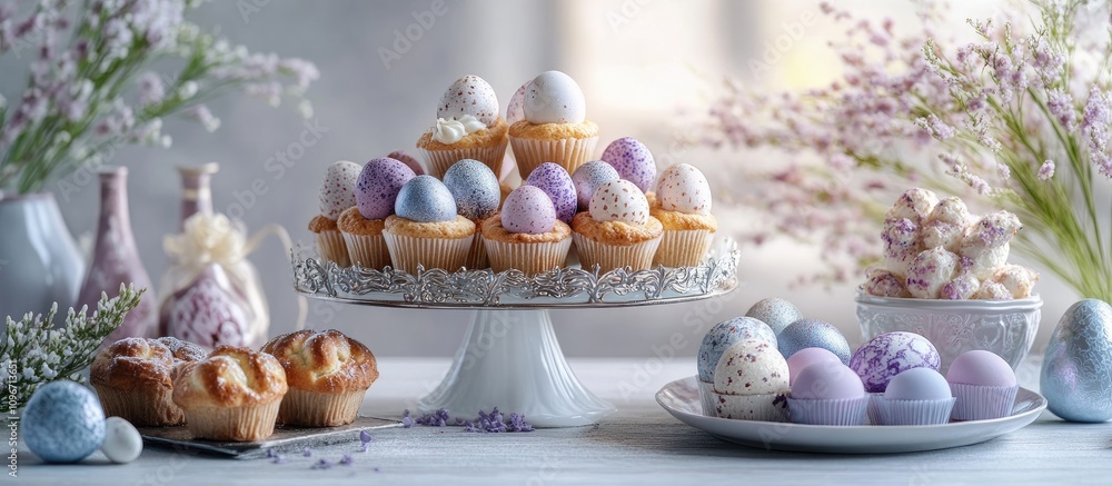 Easter Celebration Platter with Colorful Eggs and Muffins Surrounded by Floral Decor on a Light Background Easter Celebration Platter with Colorful Eggs and Muffins Surrounded by Floral Decor on a Light Background