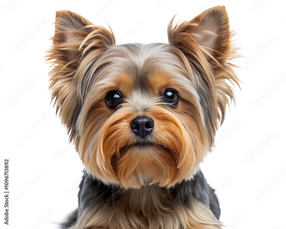 Yorkshire Terrier with shiny two-tone fur and small ears, looking very lively. Yorkshire Terrier with shiny two-tone fur and small ears, looking very lively.