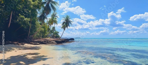 Tropical beach landscape with palm trees and clear blue waters under a vibrant sky on a serene island coast photo