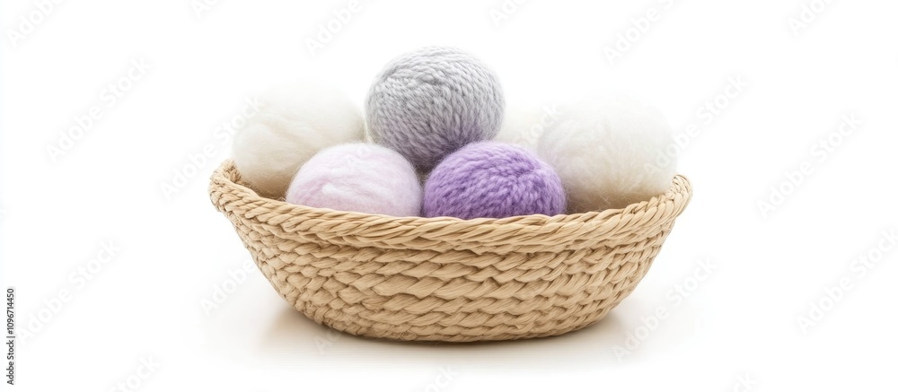 Multicolored cotton light balls in a woven basket featuring white, violet, grey, and lavender hues isolated on a white background Multicolored cotton light balls in a woven basket featuring white, violet, grey, and lavender hues isolated on a white background