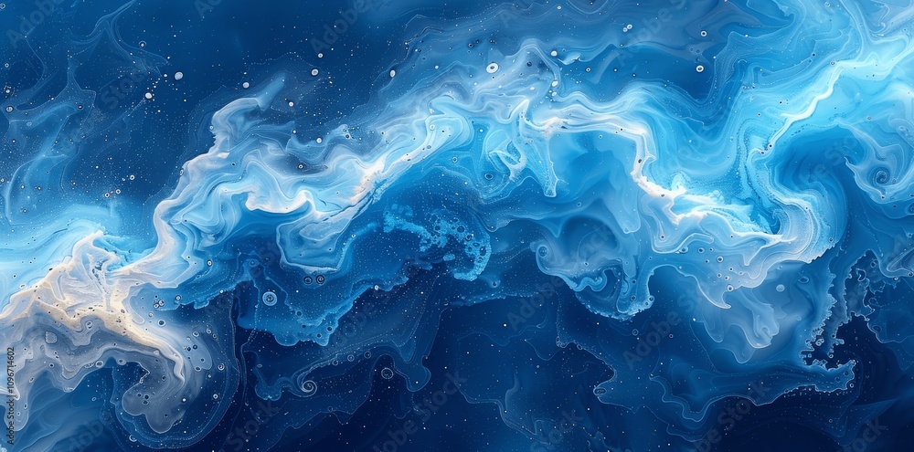 Obraz premium Abstract Blue Watercolor Background Ocean Waves Sky Turquoise Alcohol Ink Texture Calm Water Underwater Blurry Aqua Copy Space Clouds Cartoon Illustration Vacation Travel Wavy Banner