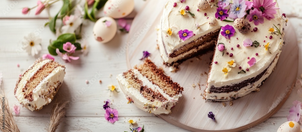 Traditional Easter cake with floral decorations and quail eggs on a rustic wooden surface Celebrating spring with a slice cut out Traditional Easter cake with floral decorations and quail eggs on a rustic wooden surface Celebrating spring with a slice cut out