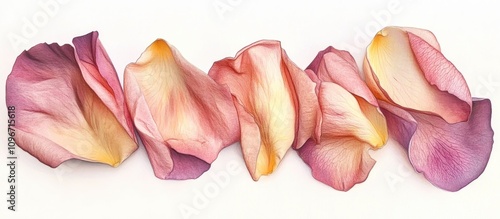 Delicate rose petals arranged gracefully on a clean white background showcasing their natural beauty and soft colors.