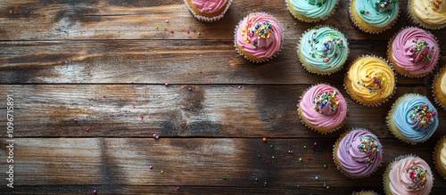 Colorful holiday cupcakes arranged on rustic wooden background with sprinkles, perfect for festive baking and celebration themes.