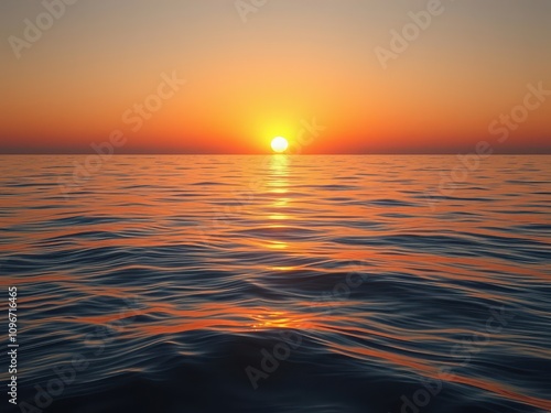 Vibrant sunset over calm ocean waves with silhouette of distant horizon, dusk, horizon, twilight, evening, colorful