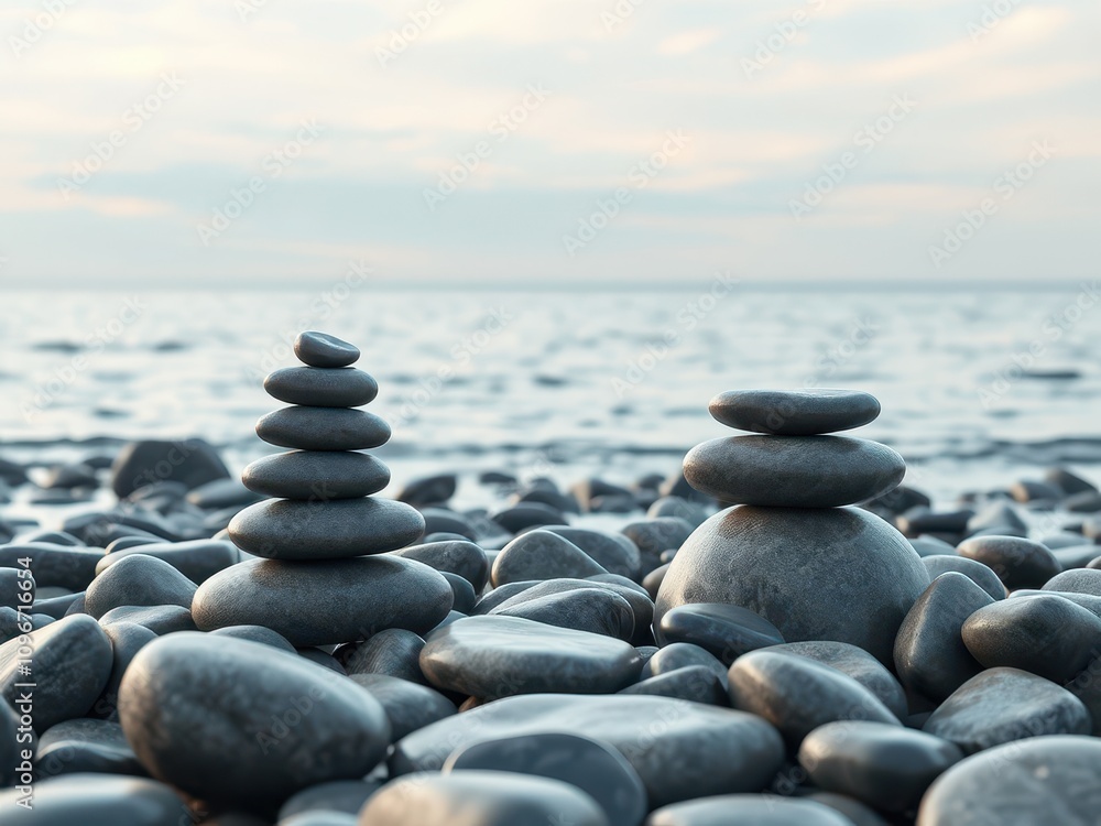 Zen stones arranged in perfect balance on smooth pebbles with waves in background, harmony, calmness, meditation Zen stones arranged in perfect balance on smooth pebbles with waves in background, harmony, calmness, meditation