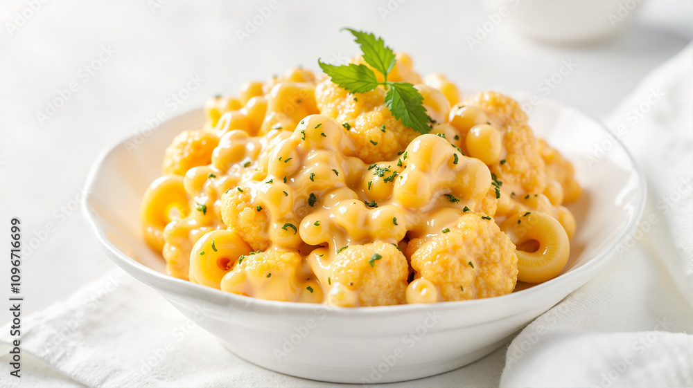 Keto mac and cheese with cauliflower served in a white bowl Keto mac and cheese with cauliflower served in a white bowl