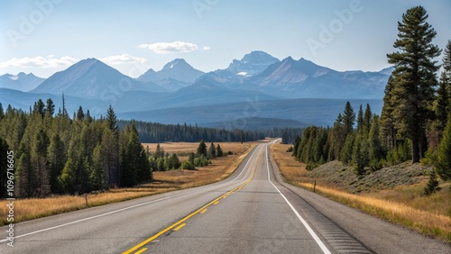 Wide open road stretches out before a mountain landscape with trees and mountains in the distance, natural, asphalt, terrain, countryside