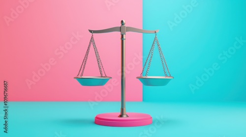 Goal setting 2025 achievements challenges concepts. A modern balance scale positioned against a vibrant pink and teal background, symbolizing fairness, justice, and equality.