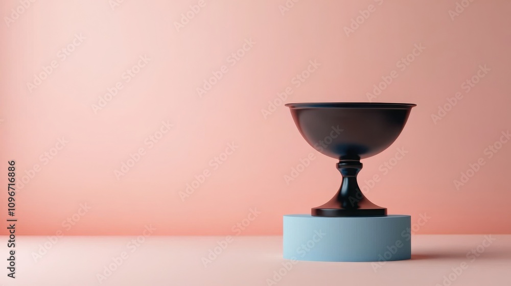 Goal setting 2025 achievements challenges concepts. A minimalist image featuring a black trophy cup on a light blue pedestal against a soft pink background. Goal setting 2025 achievements challenges concepts. A minimalist image featuring a black trophy cup on a light blue pedestal against a soft pink background.