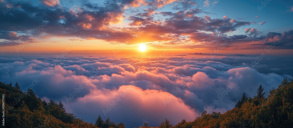 Majestic sunrise over carpet-like clouds creating a breathtaking morning view in a serene landscape scene Majestic sunrise over carpet-like clouds creating a breathtaking morning view in a serene landscape scene