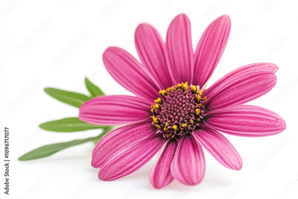 Close-up of a pink flower with green leaves on a white surface, ideal for use in designs and graphics Close-up of a pink flower with green leaves on a white surface, ideal for use in designs and graphics