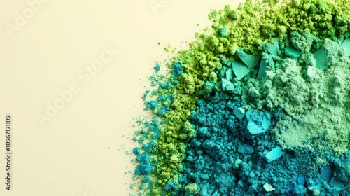 A playful display of green, turquoise, and blue colored powders forming a circular pattern, set against a light cream background.  photo