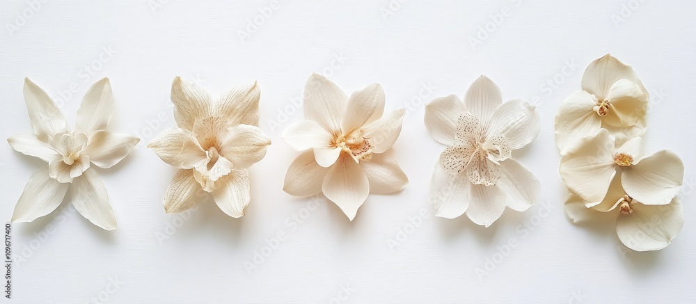 Elegant collection of white orchid flowers arranged on a clean white background showcasing delicate textures and natural beauty. Elegant collection of white orchid flowers arranged on a clean white background showcasing delicate textures and natural beauty.