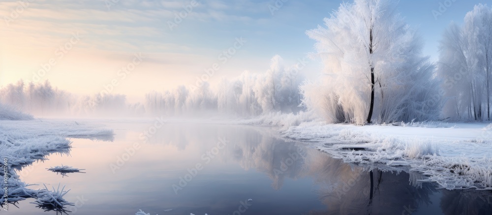 Serene winter landscape with delicate frost on a frozen lake reflecting soft morning light and surrounded by frosted trees. Serene winter landscape with delicate frost on a frozen lake reflecting soft morning light and surrounded by frosted trees.