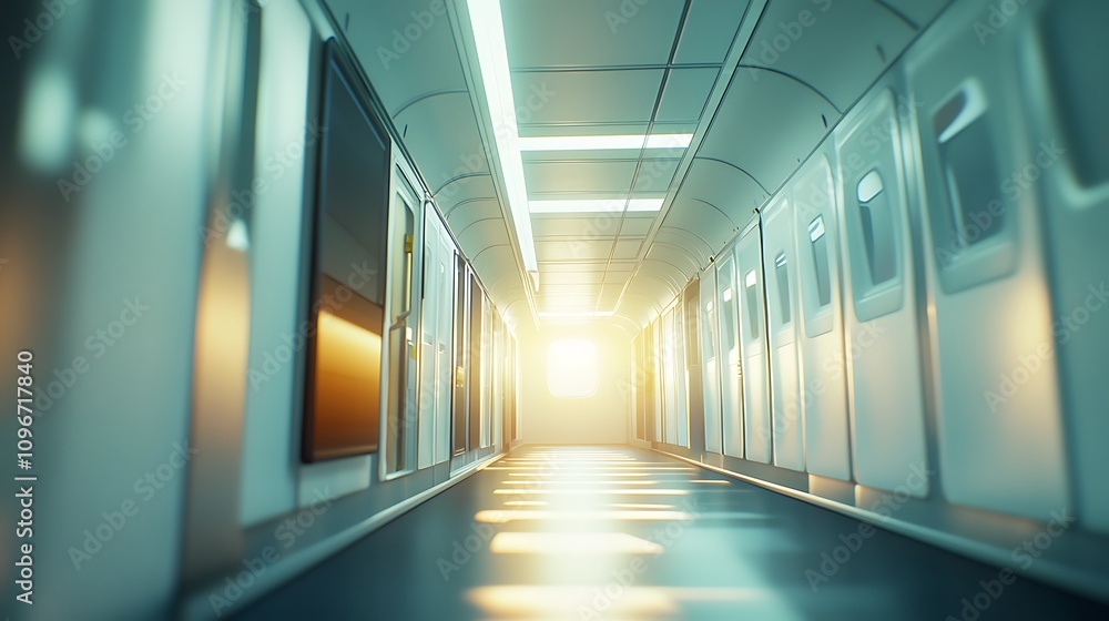 Fototapeta premium A perspective view of a brightly lit airplane aisle leading towards an exit.